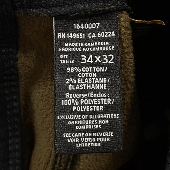 CAT Caterpillar Work Pants Mens 34 x 32 Black Canvas Fleece Lined Insulated - Picture 11 of 12